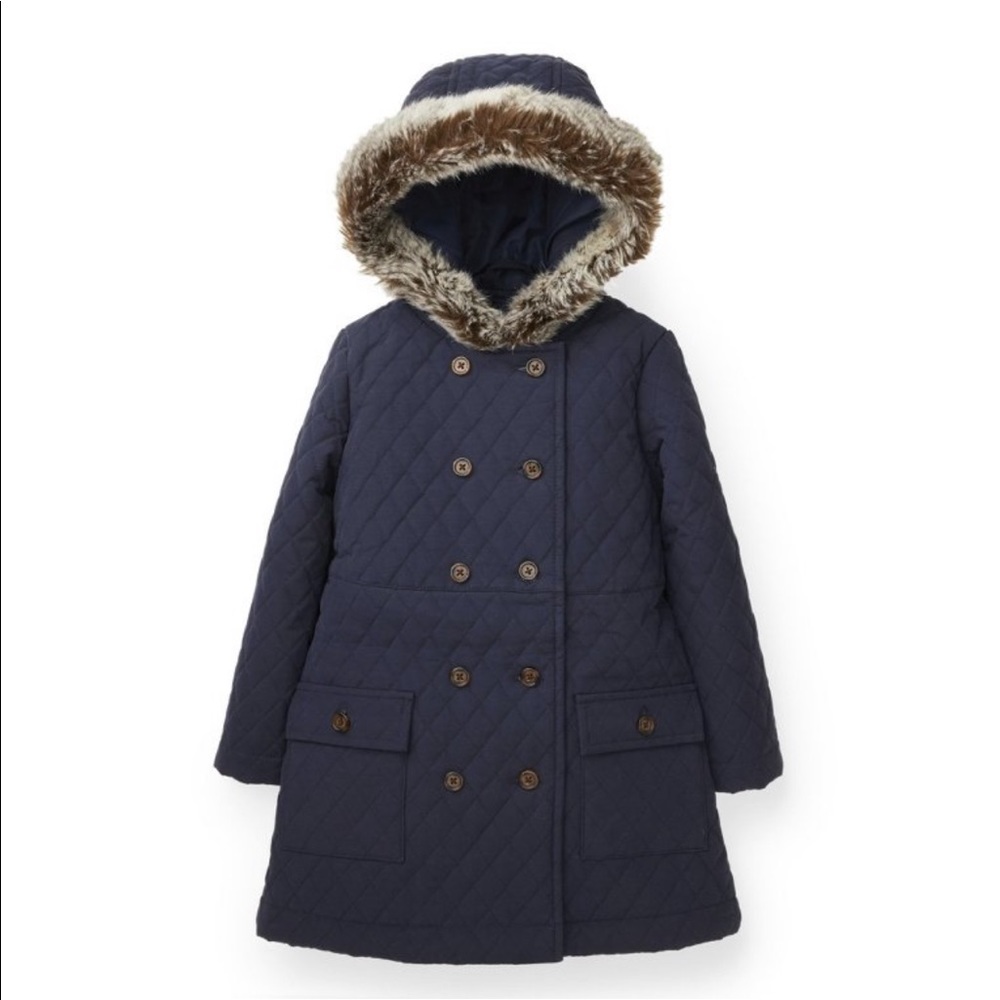 Hope & Harry Navy Lightweight Quilted Coat with Faux-Fur Hood, size Medium
